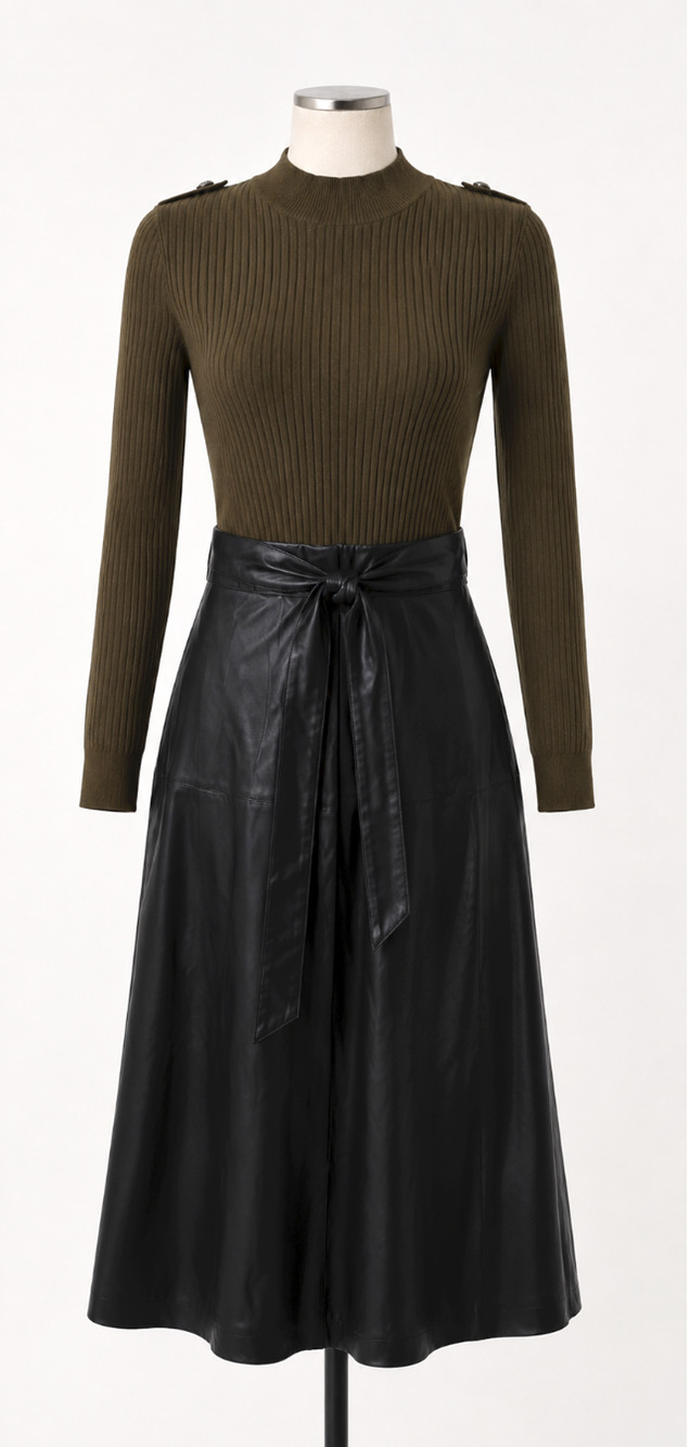 WHITE HOUSE BLACK MARKET WHBM DARK WILLOW LONG SLEEVE FAUX LEATHER MIDI DRESS 0